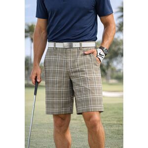 Nike Golf Dri Fit Shorts Mens 34 Plaid Flat Front Performance Chino Tan Blue